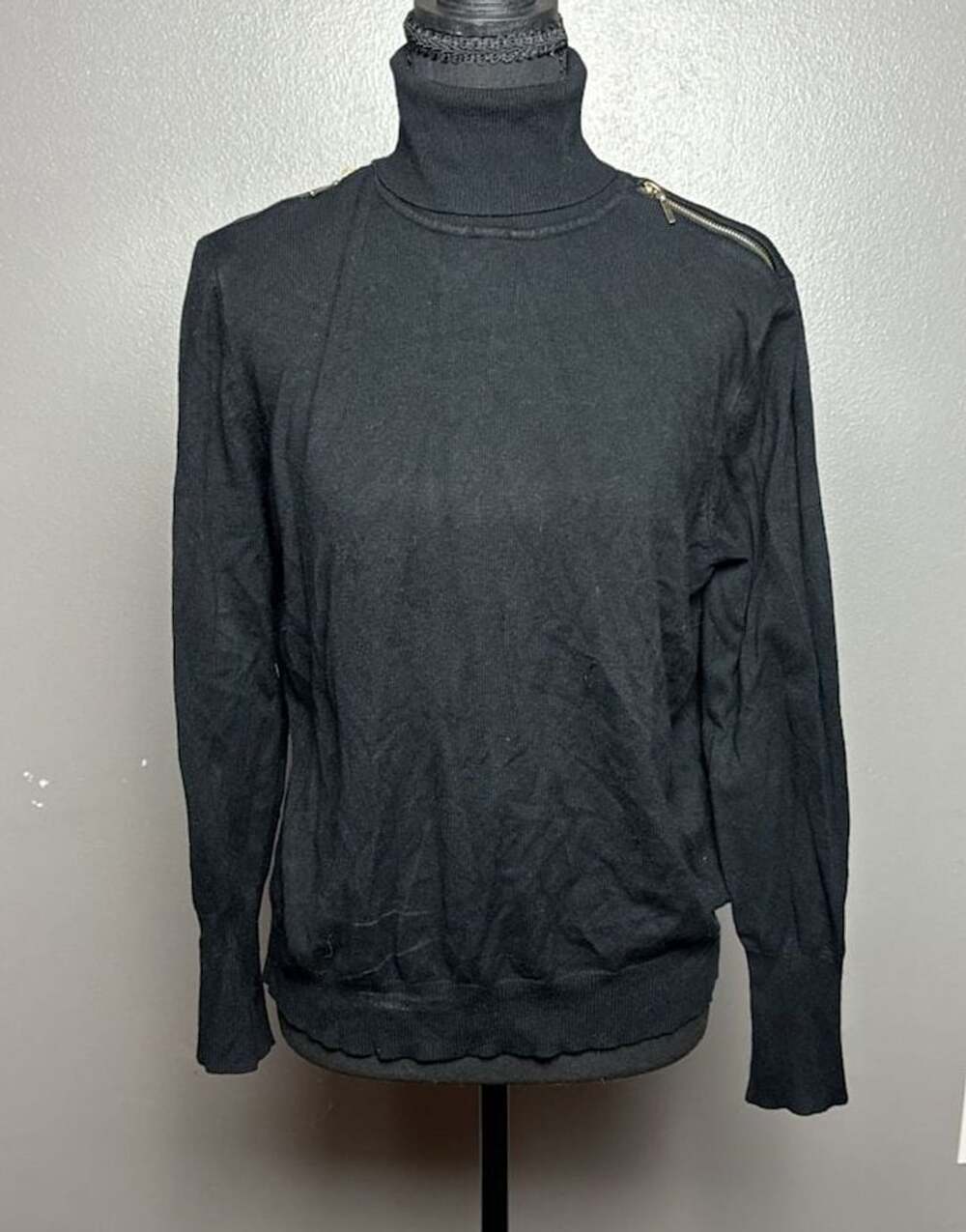 Joseph A Black Turtleneck Sweater with Gold Shoulder Zippers Size Large